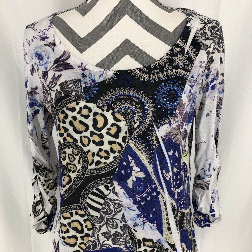 Style & Co Animal Floral 3/4 Sleeve Rhinestones Lace Button Back Blouse Small